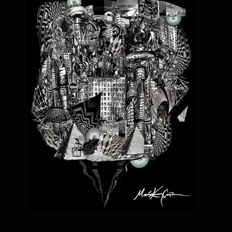 As Above So Below cover art: a black-and-white surreal collage by Maria Cooper of an inverted city of towers and pyramids narrowing to a point, on black