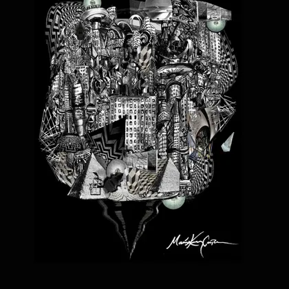 As Above So Below cover art: a black-and-white surreal collage by Maria Cooper of an inverted city of towers and pyramids narrowing to a point, on black