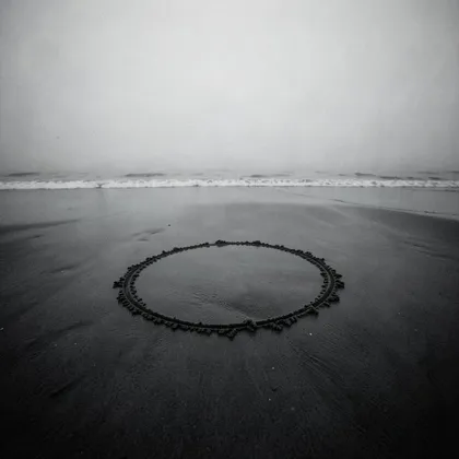 Circle in the Sand cover art: a ring of stones laid on wet sand at the water's edge, in black and white