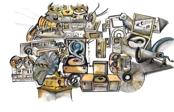 Evolution of Music, a wide mixed-media artwork by Maria Cooper