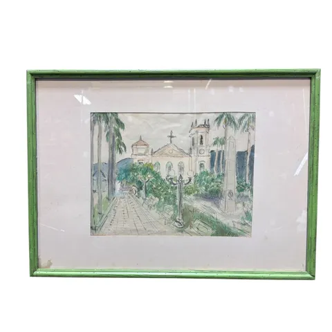 A framed architectural landscape in watercolour and ink